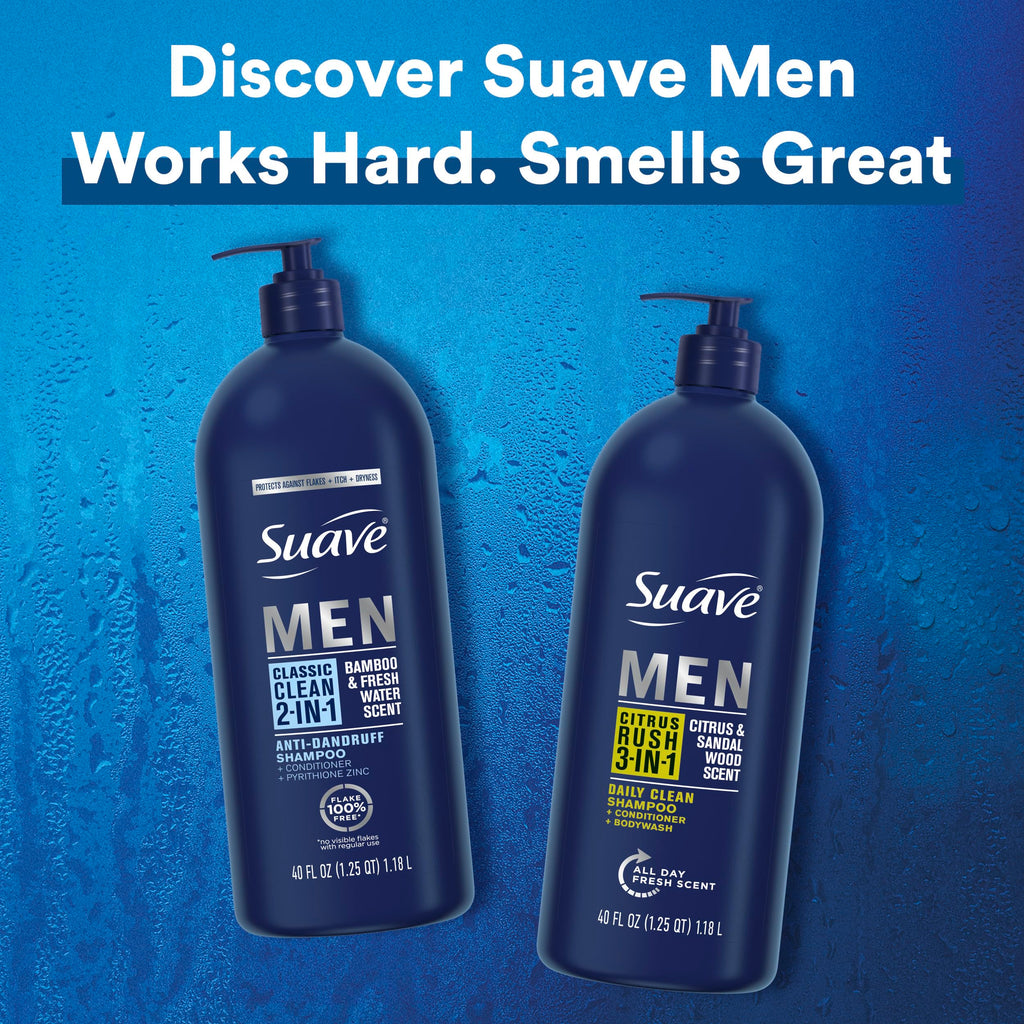 Suave Men 2 in 1 Anti Dandruff Shampoo & Conditioner – Classic Clean, Bamboo Scent, 3 x 40 oz