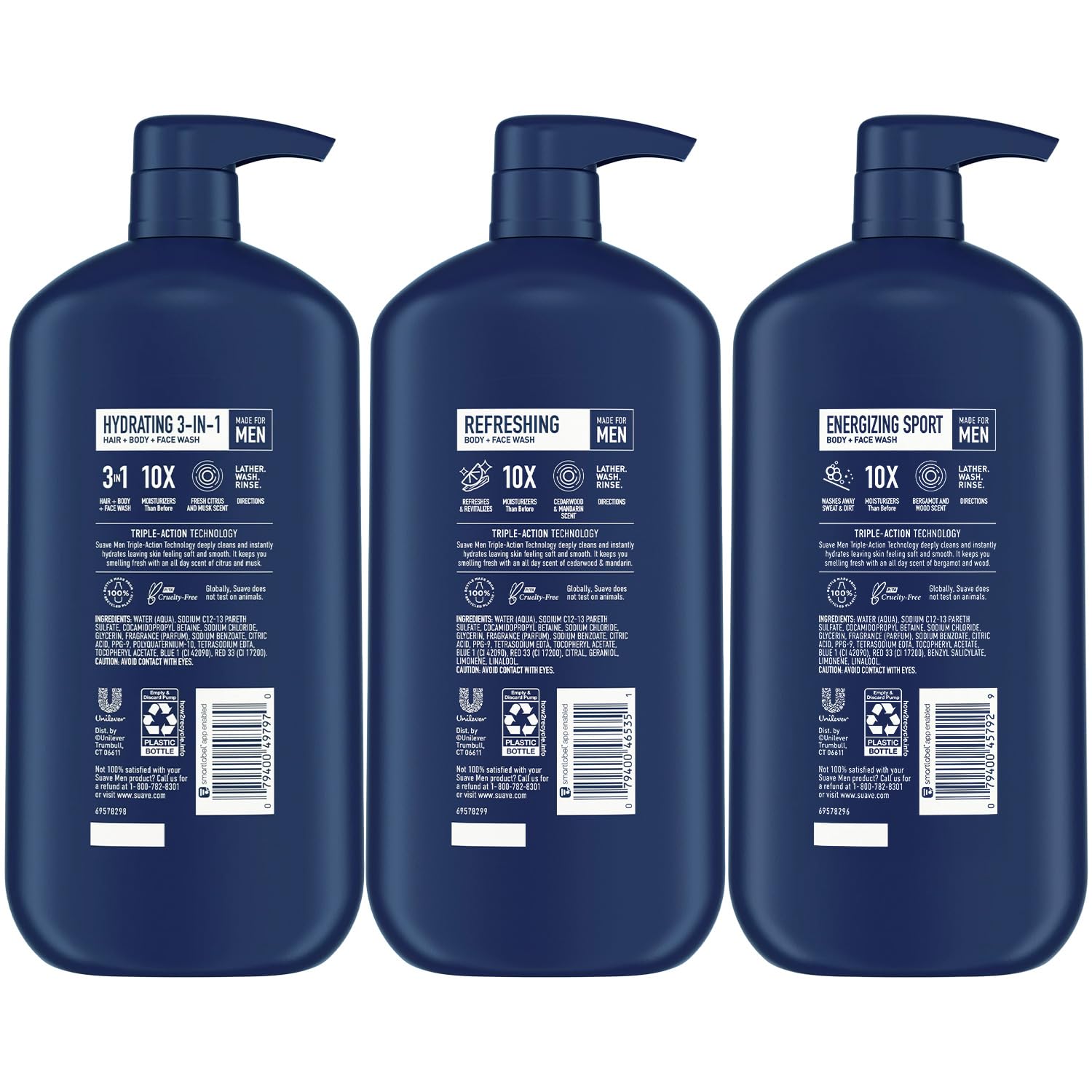 Suave Men 3-Pack: Energizing Sport, Refreshing Body + Face Wash, Hydrating 3-in-1 Hair + Body + Face Wash – 30 oz Each