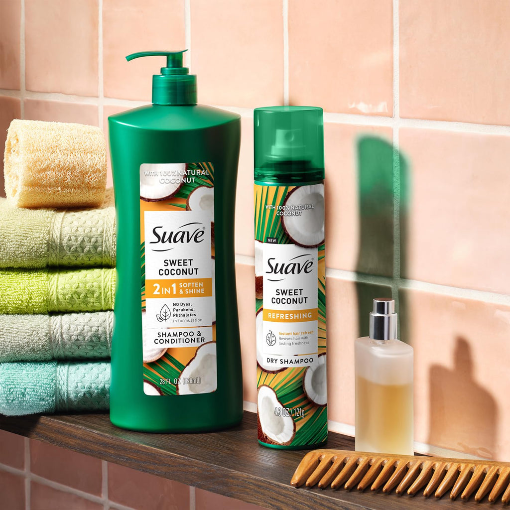 Suave Sweet Coconut Shampoo & Conditioner 2-in-1 + Dry Shampoo for Women – Gentle Formula with 100% Natural Coconut Oil