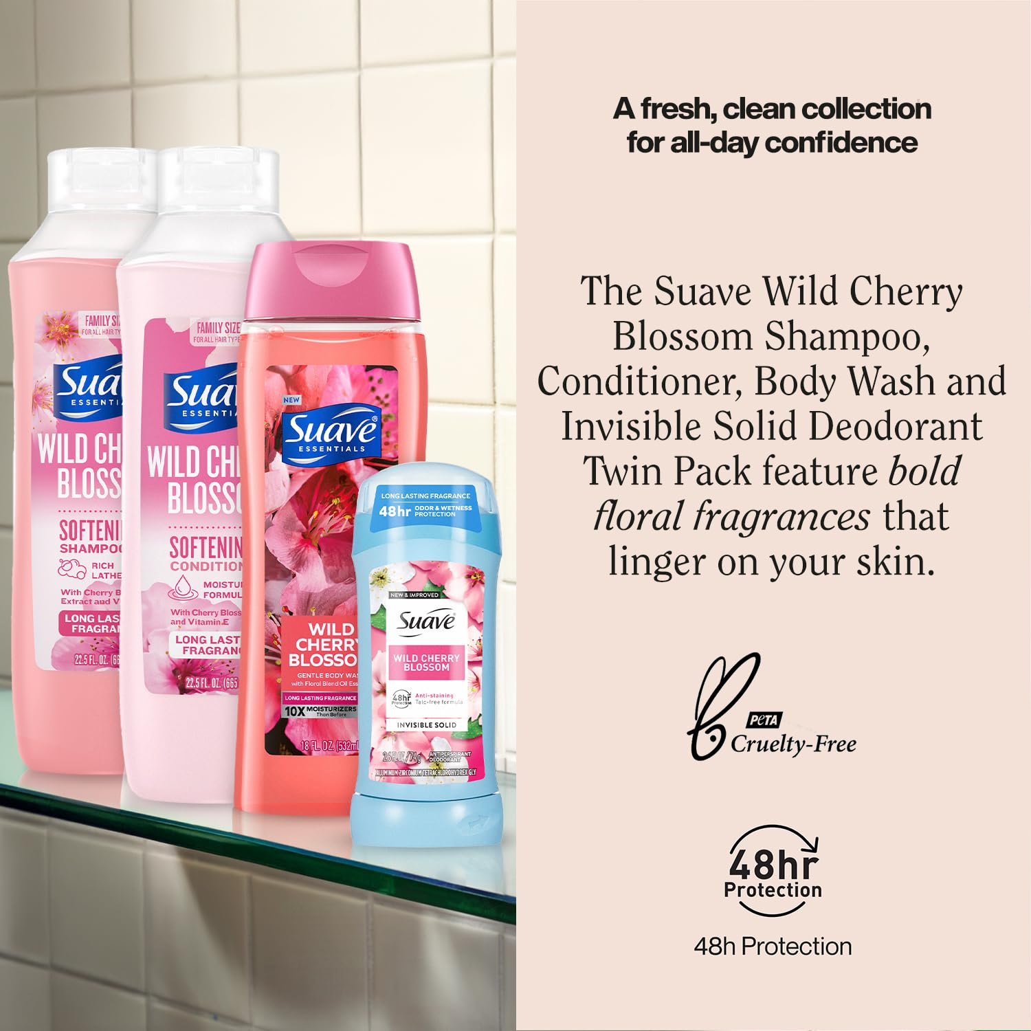 Suave Shampoo, Conditioner & Body Wash 2-Pack + Invisible Solid Deodorant – Wild Cherry Blossom