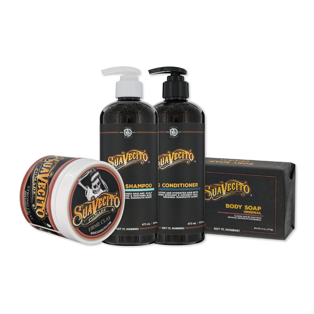 Suavecito Hair & Body Essentials Bundle | Firme Clay Pomade, Body Soap, Hydrating Shampoo & Nourishing Conditioner