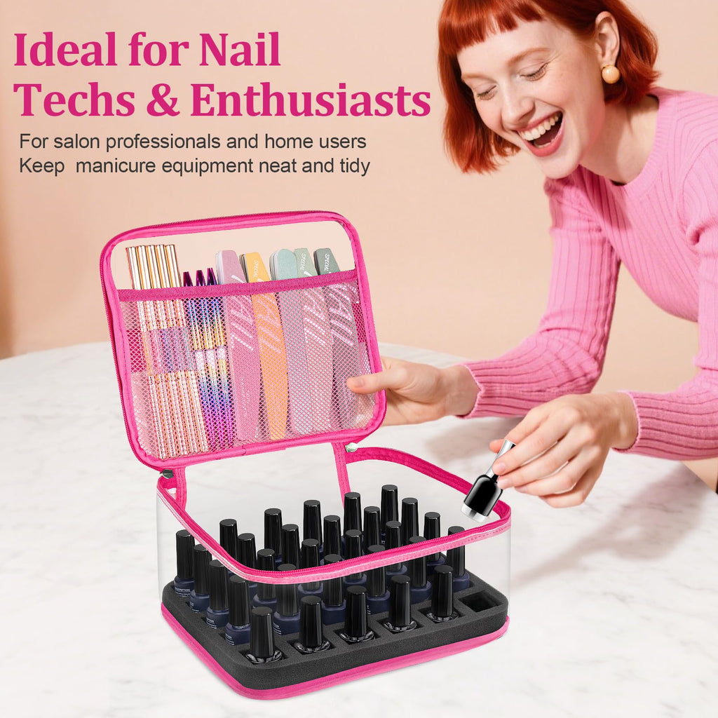 SUBAY Nail Polish Organizer – Clear 30-Bottle Case, Portable PVC Travel Bag, Rose Red