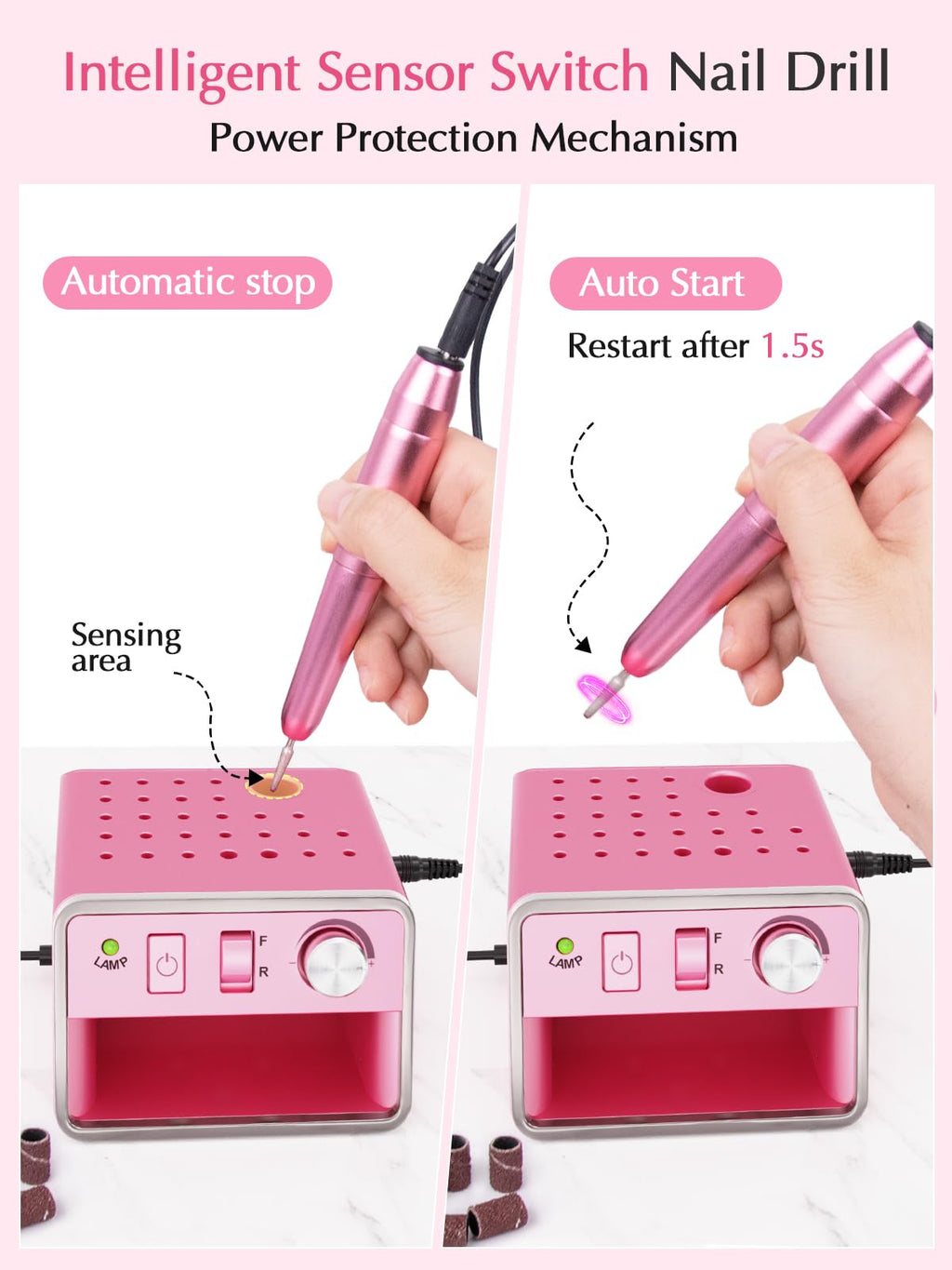 Subay Nail Drill Machine Electric File – Portable Nail Care Kit for Acrylic, Gel, Dip Powder Nails (Purple Pink)