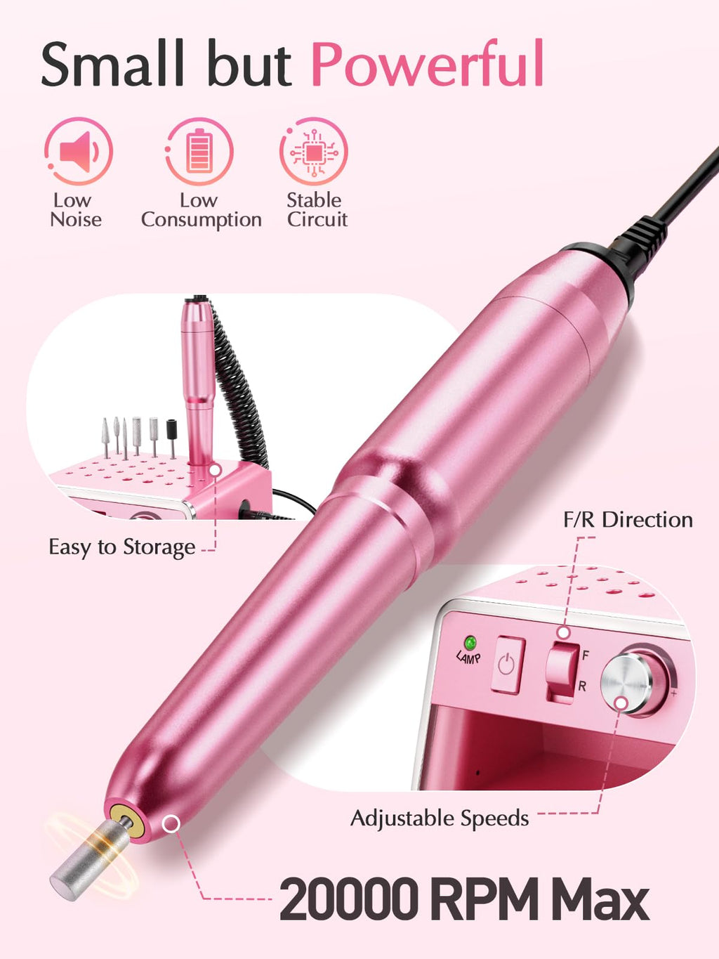Subay Nail Drill Machine Electric File – Portable Nail Care Kit for Acrylic, Gel, Dip Powder Nails (Purple Pink)
