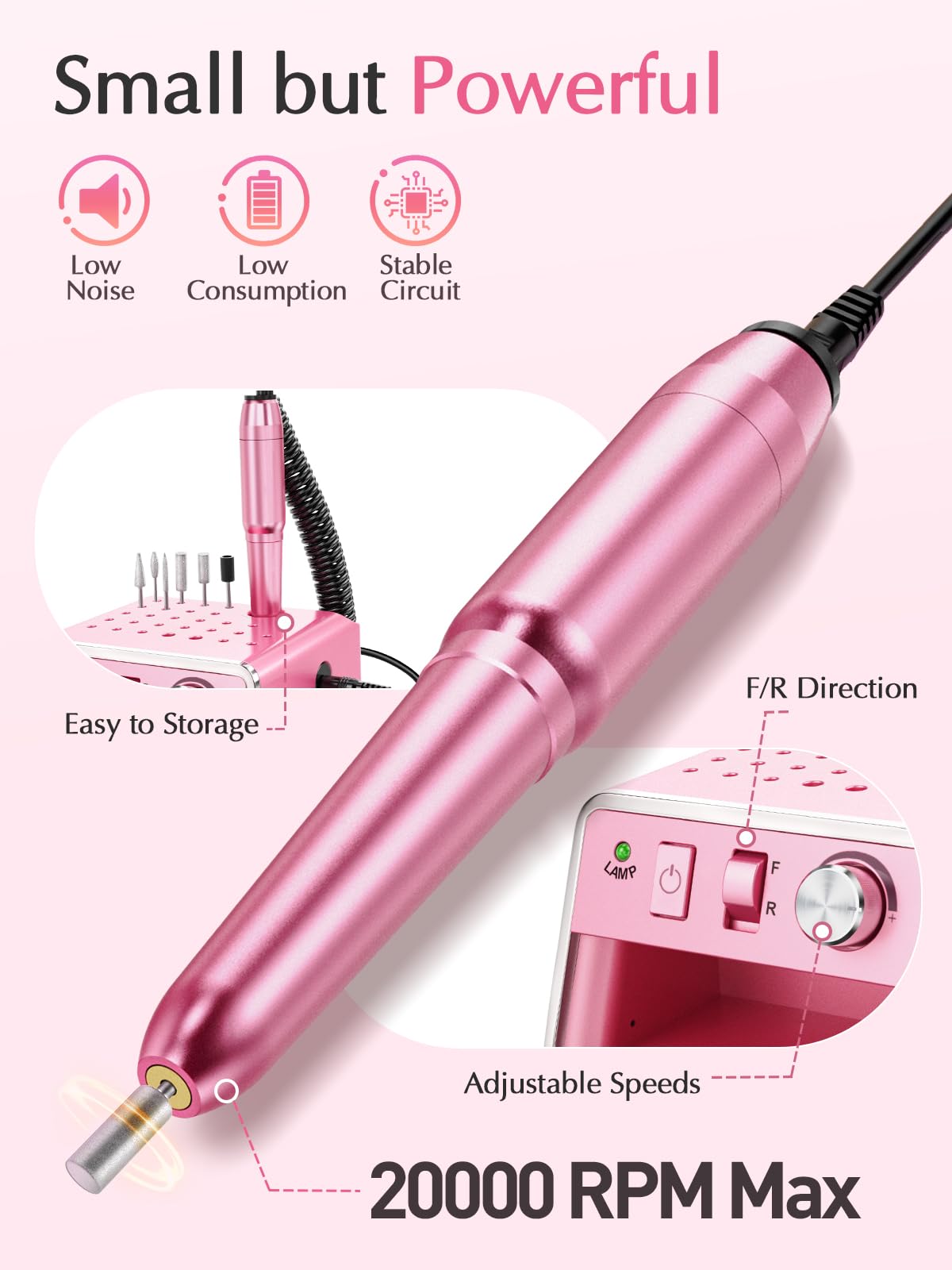 Subay Nail Drill Machine Electric File – Portable Nail Care Kit for Acrylic, Gel, Dip Powder Nails (Purple Pink)