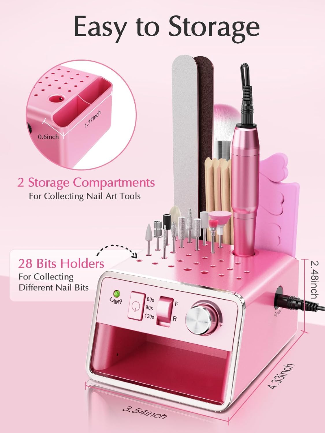 Subay Nail Drill Machine Electric File – Portable Nail Care Kit for Acrylic, Gel, Dip Powder Nails (Purple Pink)