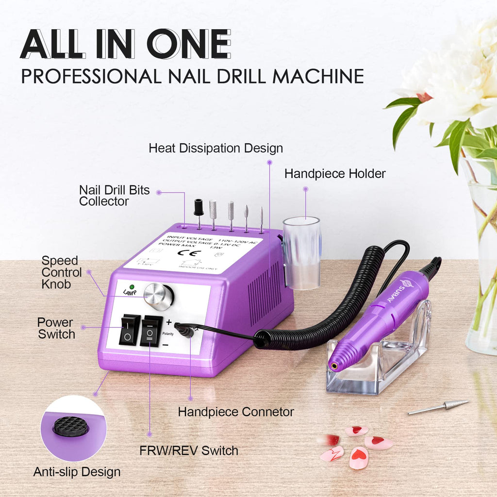 SUBAY Professional Nail Drill Kit Purple – Finger & Toe E-file for Mani Pedi