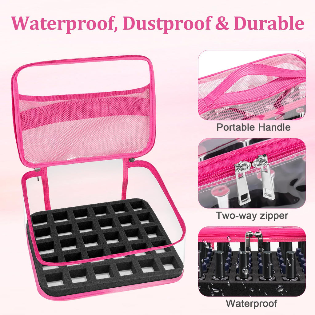 SUBAY Nail Polish Organizer – Clear 30-Bottle Case, Portable PVC Travel Bag, Rose Red