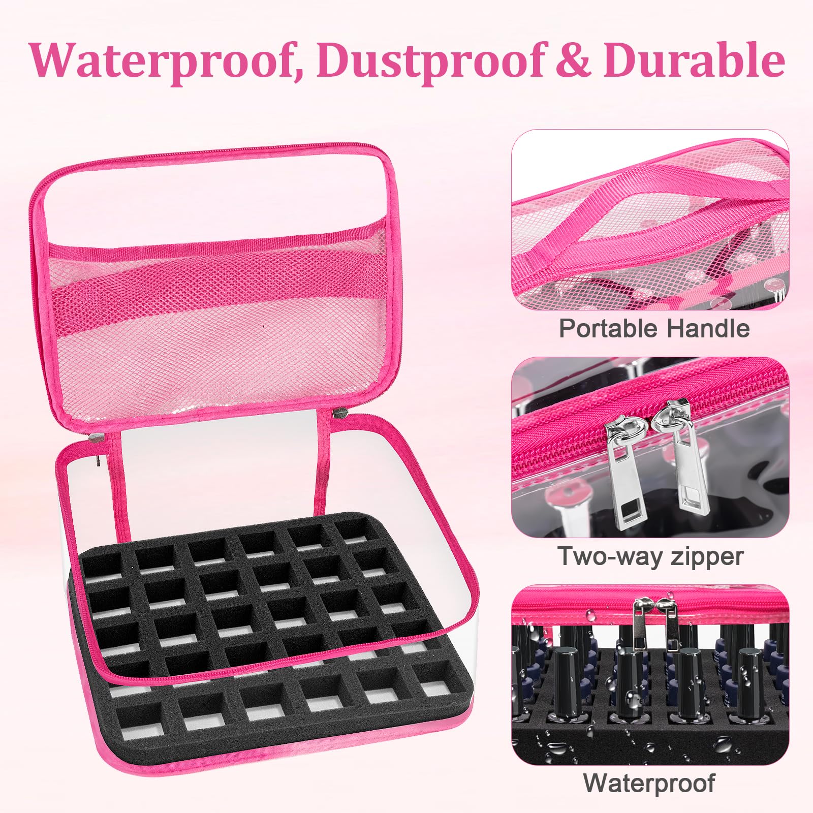 SUBAY Nail Polish Organizer – Clear 30-Bottle Case, Portable PVC Travel Bag, Rose Red