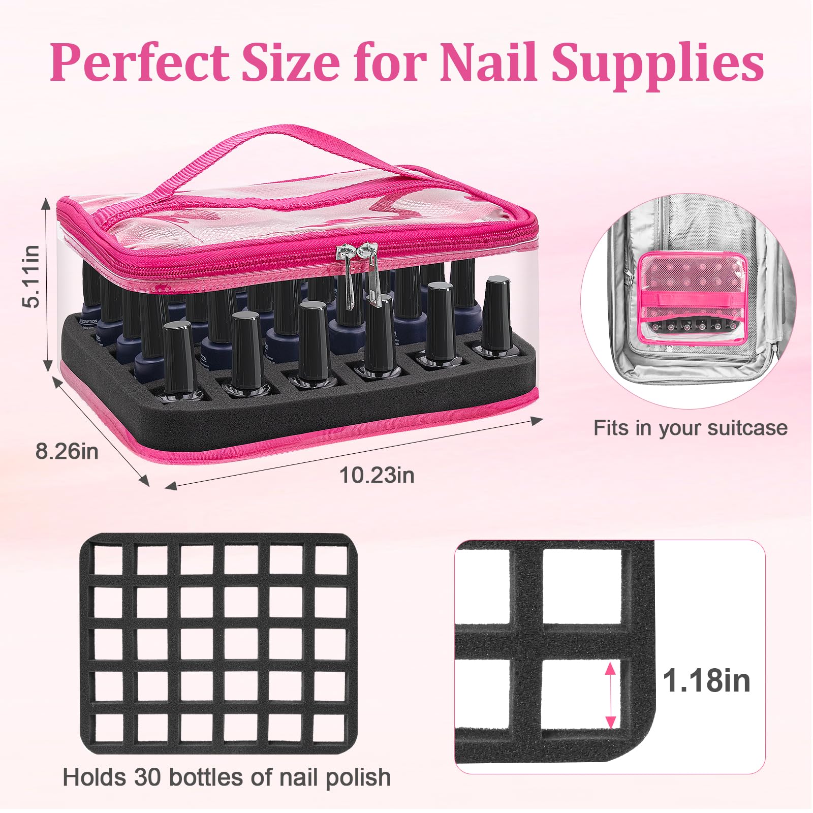 SUBAY Nail Polish Organizer – Clear 30-Bottle Case, Portable PVC Travel Bag, Rose Red