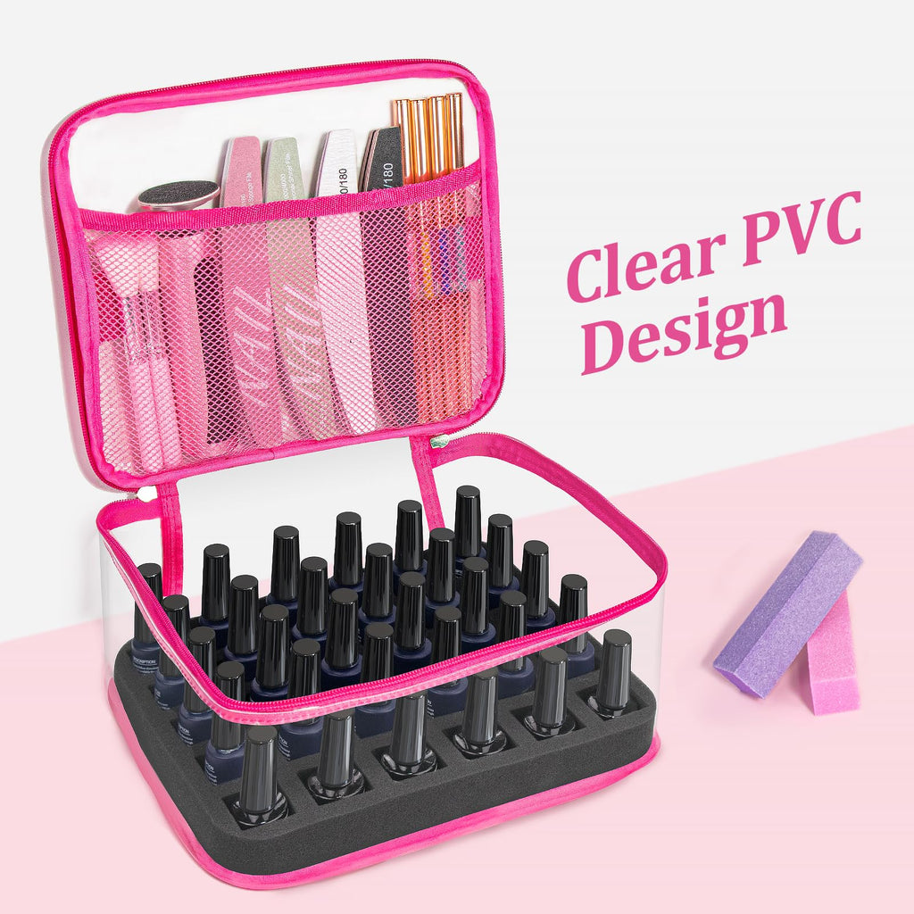 SUBAY Nail Polish Organizer – Clear 30-Bottle Case, Portable PVC Travel Bag, Rose Red