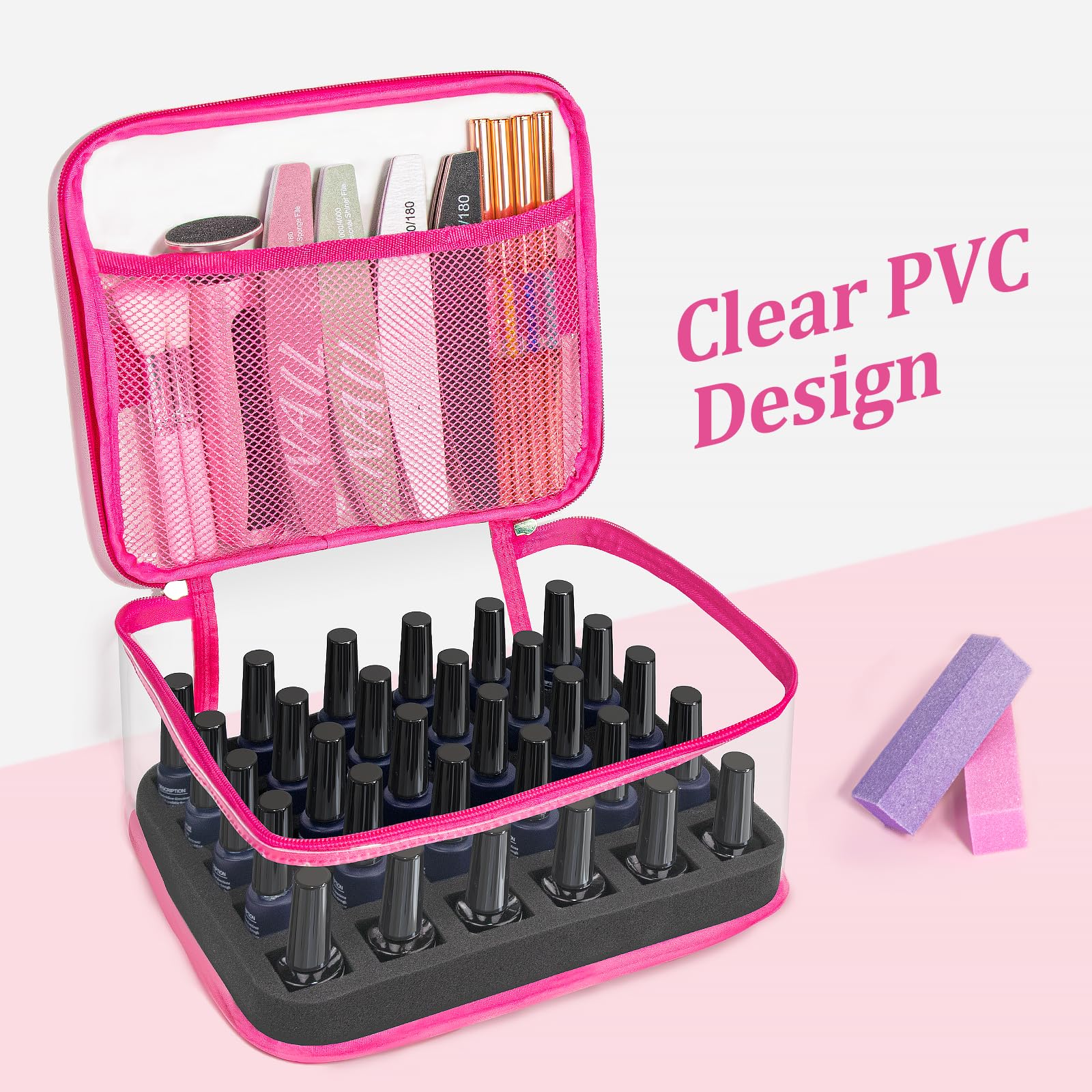 SUBAY Nail Polish Organizer – Clear 30-Bottle Case, Portable PVC Travel Bag, Rose Red