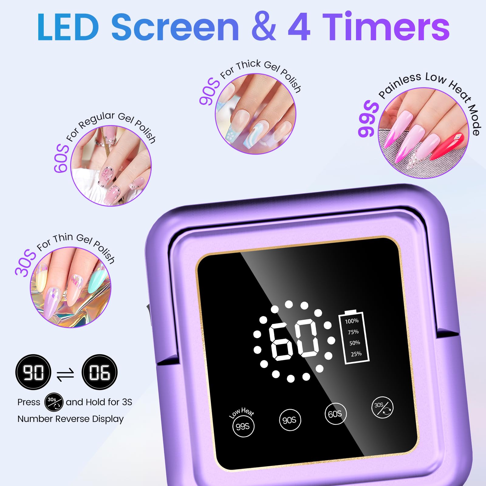 SUBAY UV Nail Lamp 108W – Cordless Gel Curing, 36 Beads, Touch Display, 4 Timers, Auto Sensor, Purple