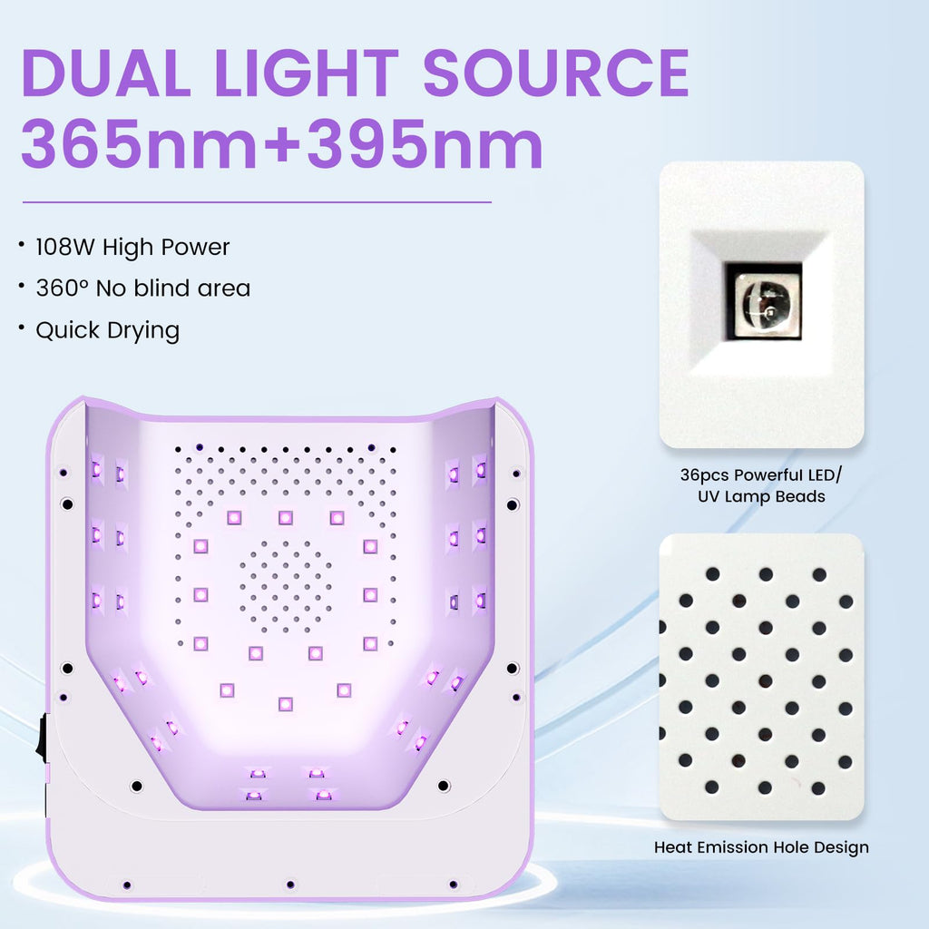 SUBAY UV Nail Lamp 108W – Cordless Gel Curing, 36 Beads, Touch Display, 4 Timers, Auto Sensor, Purple