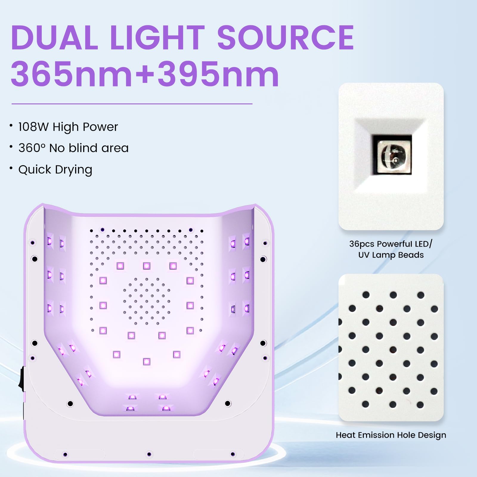 SUBAY UV Nail Lamp 108W – Cordless Gel Curing, 36 Beads, Touch Display, 4 Timers, Auto Sensor, Purple