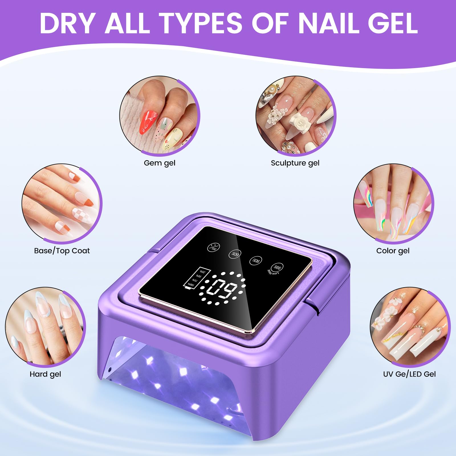 SUBAY UV Nail Lamp 108W – Cordless Gel Curing, 36 Beads, Touch Display, 4 Timers, Auto Sensor, Purple
