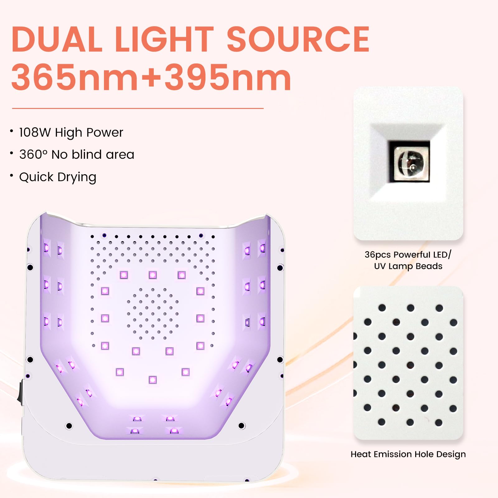 SUBAY UV Nail Lamp 108W – Cordless Gel Curing, 36 Beads, 4 Timer Modes, Auto Sensor (White)