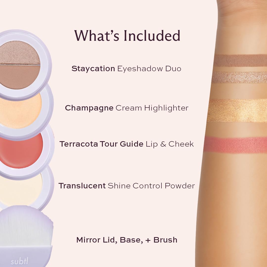 Subtl Staks 4-in-1 Travel Makeup Kit by Subtl Beauty – Eyeshadow Duo, Shine Control Powder, Cream Highlighter, Lip & Cheek