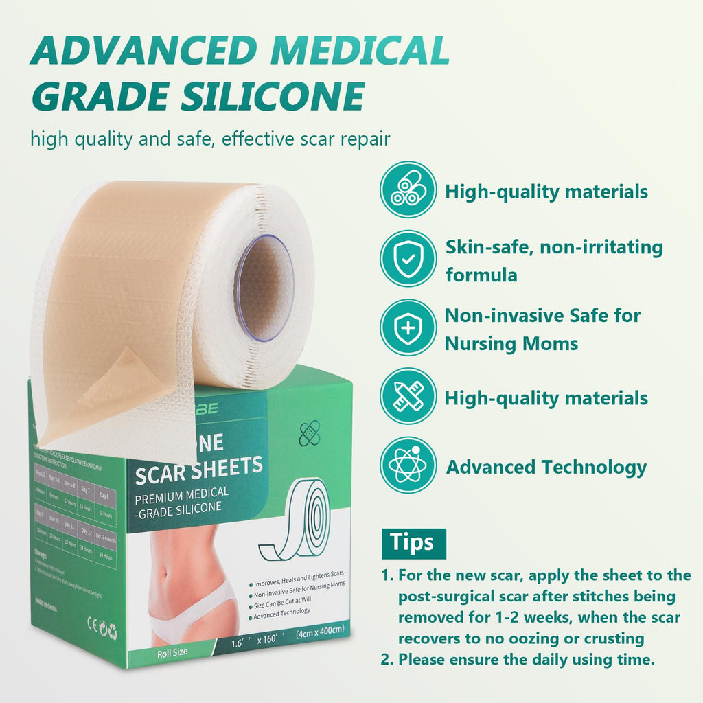 SUCONBE Silicone Scar Tape – Medical Grade Scar Sheets (1.6 x 160 in Roll) for C-Section, Tummy Tuck, and Post-Surgery Scars