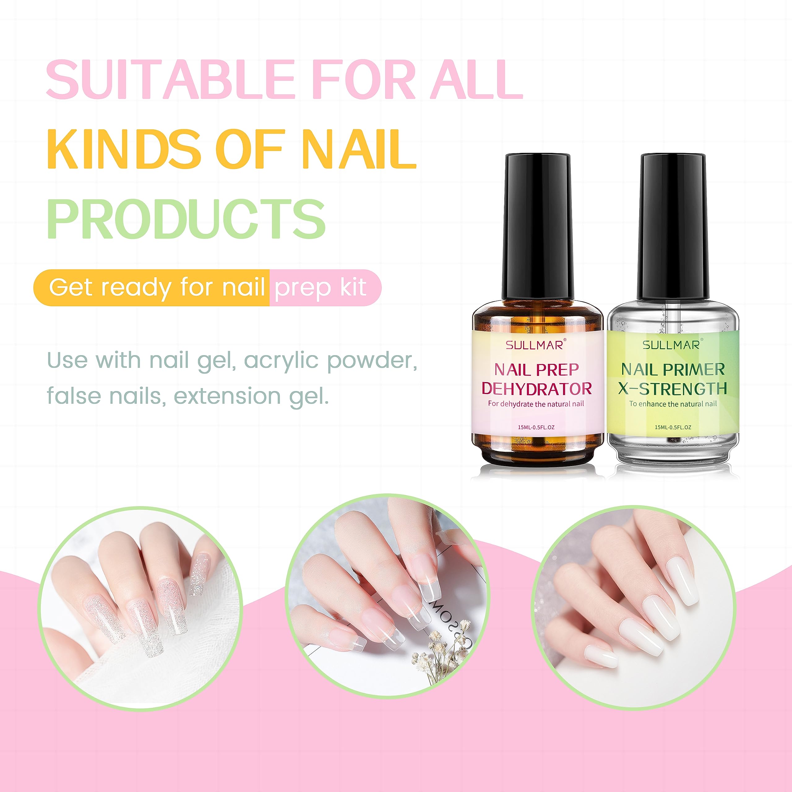 SULLMAR 15ml Nail Prep Dehydrator & X-Strength Primer Set — Bonding Kit with Cuticle Oil & Strengthener
