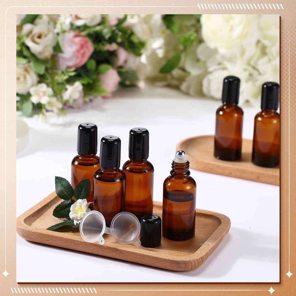 Sumind 12x 30ml Amber Glass Roller Bottles – Essential Oil Travel Set with Funnels & Labels