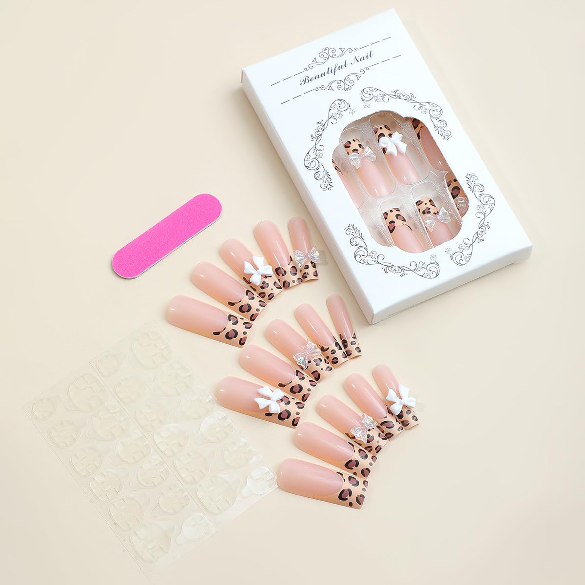 SUMINGGO 24Pcs Press On Nails | Medium Almond, Leopard Bowknot Design, Reusable Full-Cover Nails