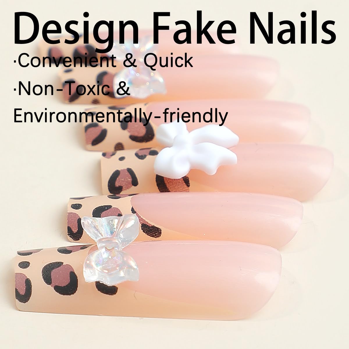 SUMINGGO 24Pcs Press On Nails | Medium Almond, Leopard Bowknot Design, Reusable Full-Cover Nails