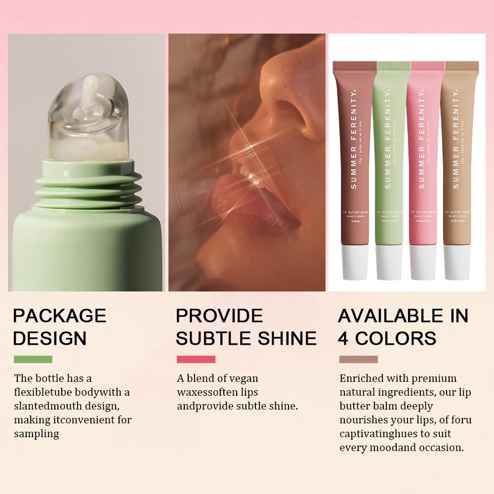 Summer Ferenity 4 PCS Lip Butter Balm – Ultra-Hydrating, Sheer-Tinted Lip Care, 0.5 Fl Oz Each (Pack of 4)