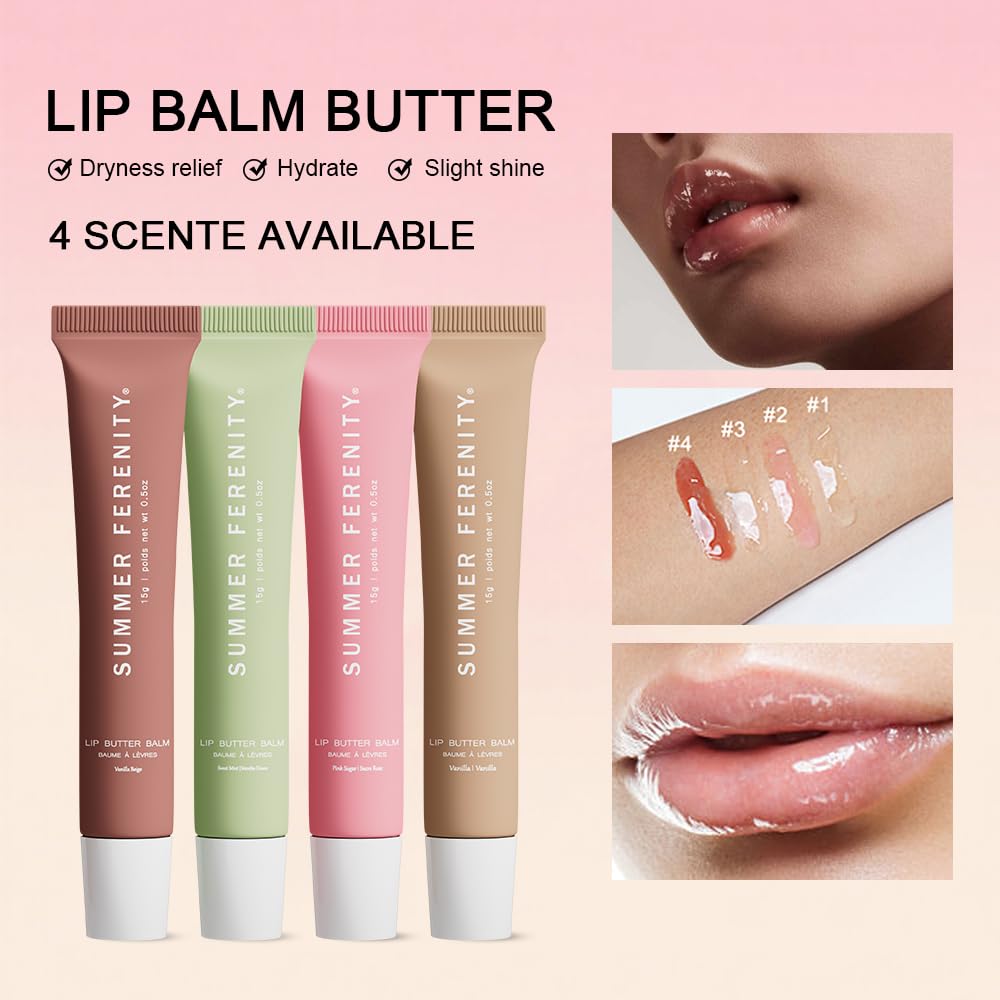 Summer Ferenity 4 PCS Lip Butter Balm – Ultra-Hydrating, Sheer-Tinted Lip Care, 0.5 Fl Oz Each (Pack of 4)