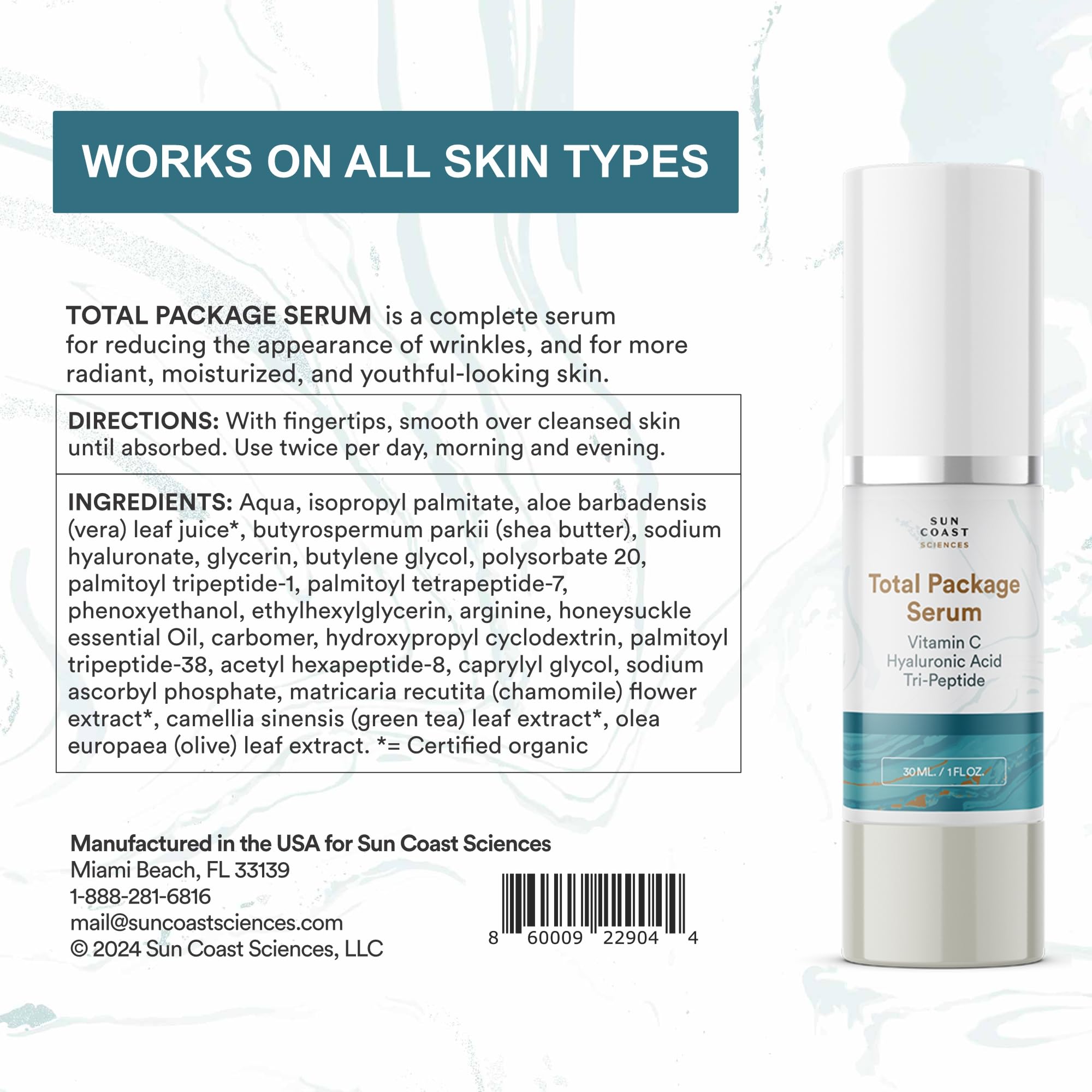 Sun Coast Sciences Total Package Serum – All-In-One Vitamin C + Hyaluronic Acid + Peptides (1 fl oz x6)
