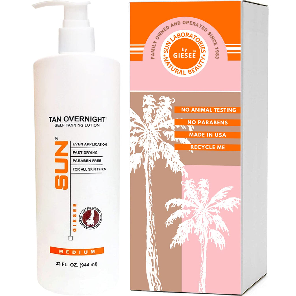 Sun Laboratories By Giesee Tan Overnight Self Tanning Lotion 32 oz – Medium to Dark, Odorless Long-Lasting Sunless Tanner for Face & Body