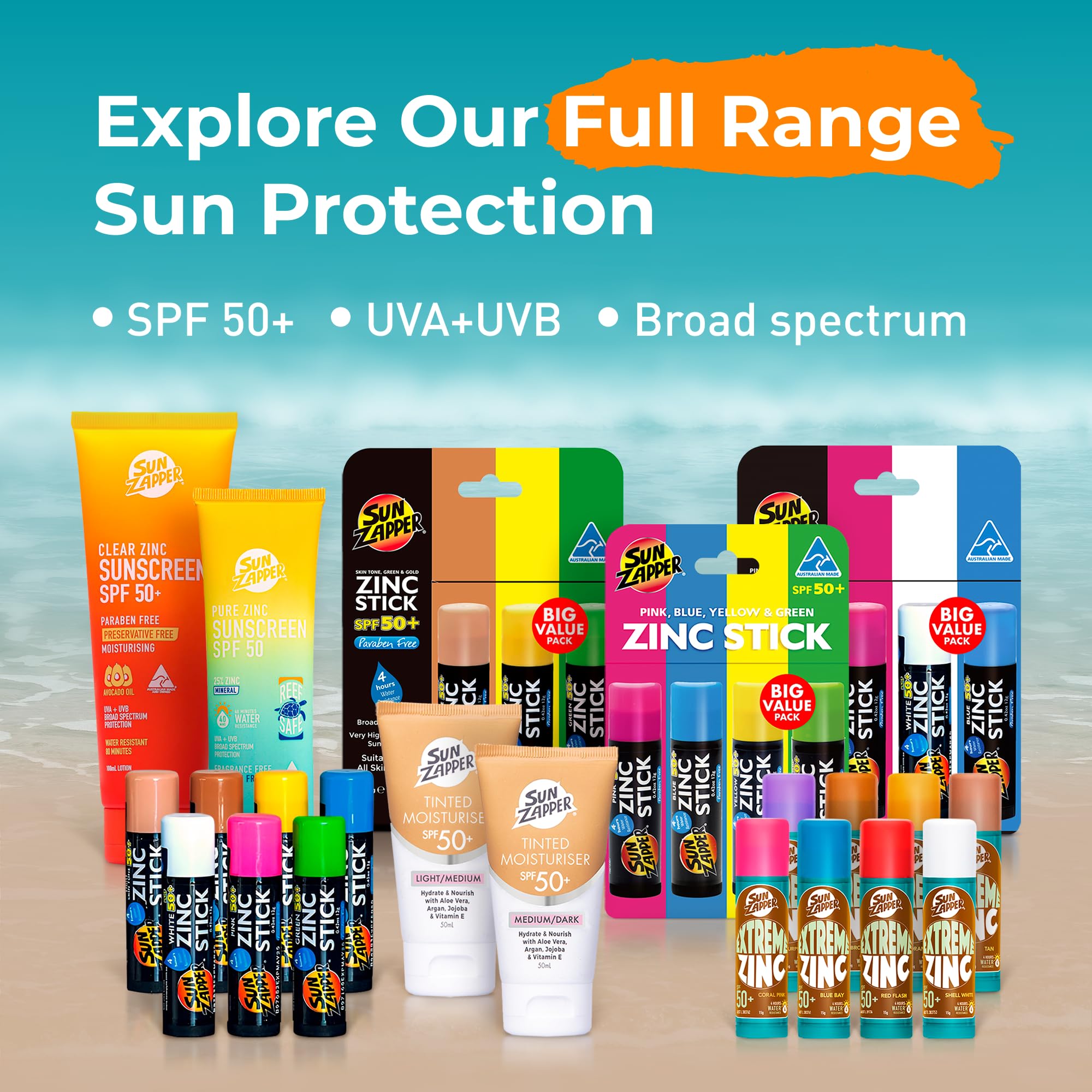 Sun Zapper Zinc Oxide Mineral Sunscreen Stick SPF 50+ | Light Skin Tone – 12g – Made in Australia