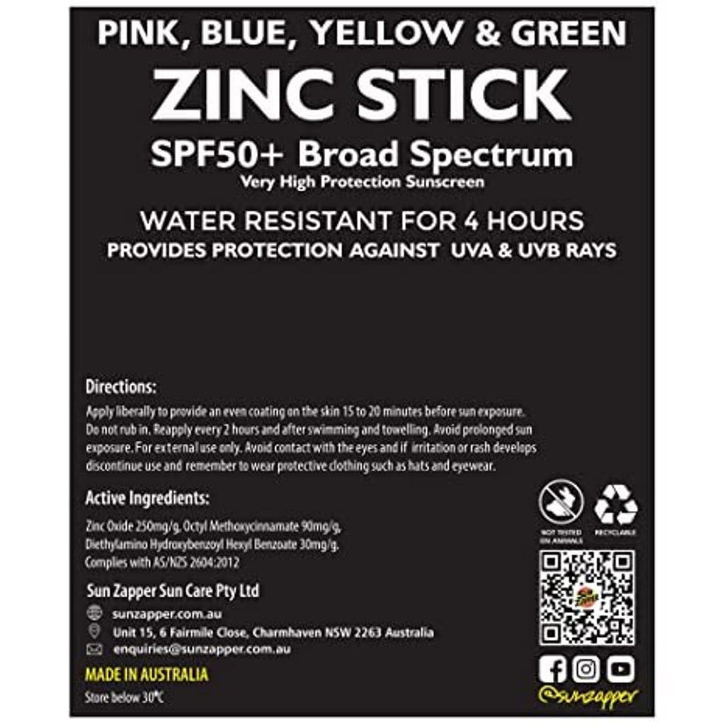 Sun Zapper Zinc Oxide Sunscreen Stick SPF 50+ 4-Pack – Water-Resistant, Broad Spectrum, Made in Australia