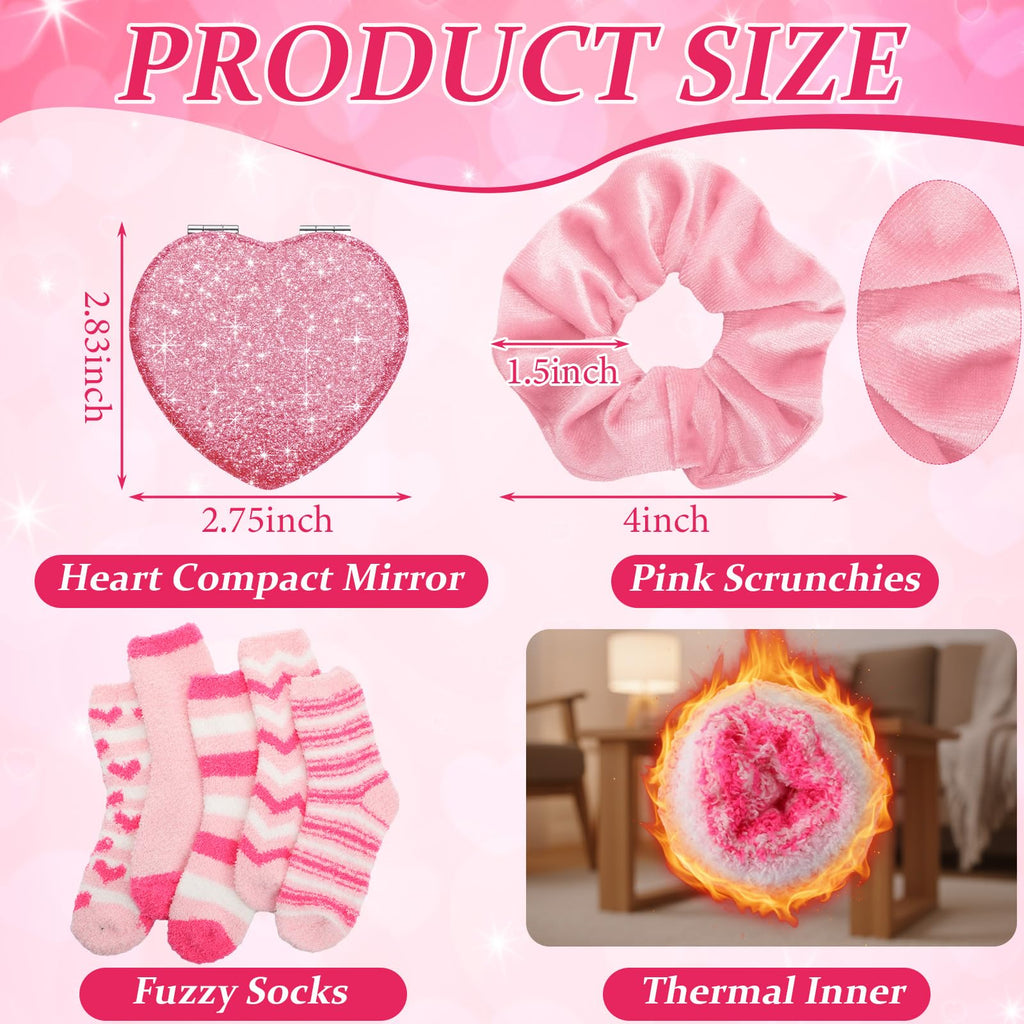 Suncalla 30 Pcs Galentines Gift Set – Velvet Scrunchies, Foldable Heart Mirrors & Fuzzy Socks