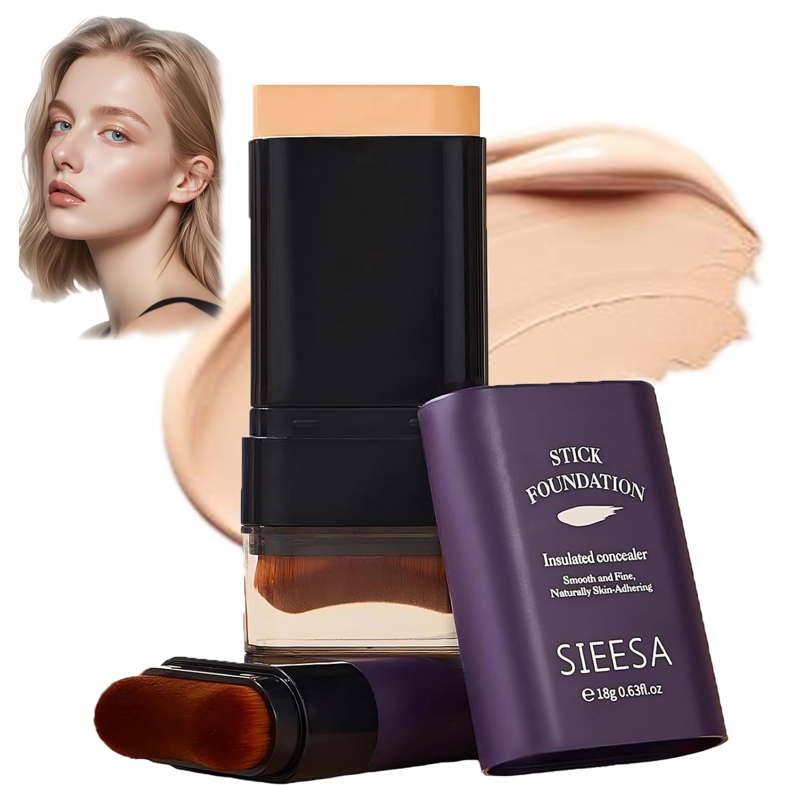 Sunohyesla Korean Dual Ended Foundation Stick with Brush | 2-in-1 Concealer & Contour, Hydrating & Long-Wear