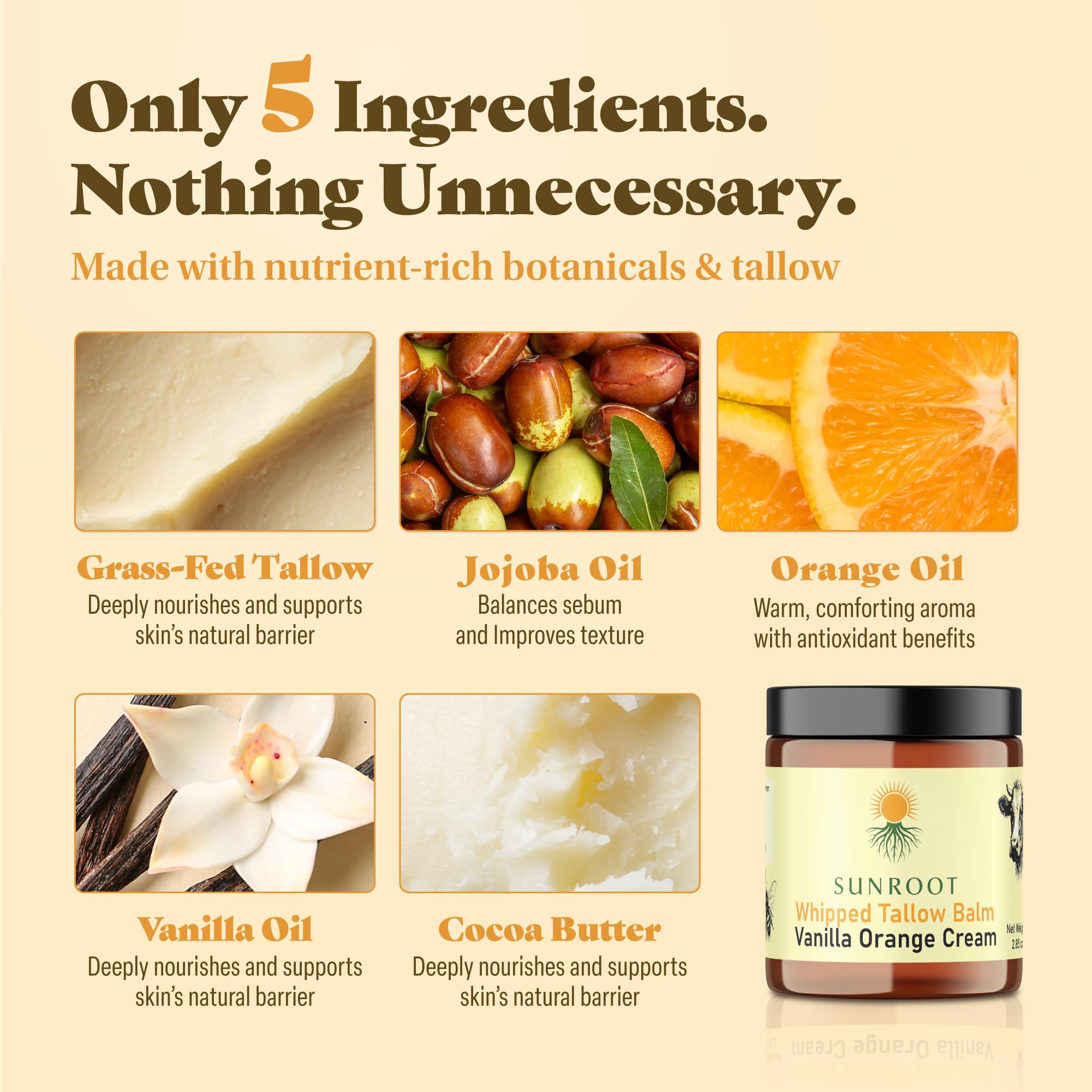 Sunroot Naturals Whipped Tallow Balm – Vanilla Orange Cream Moisturizer (2.85 oz) | Glass Jar