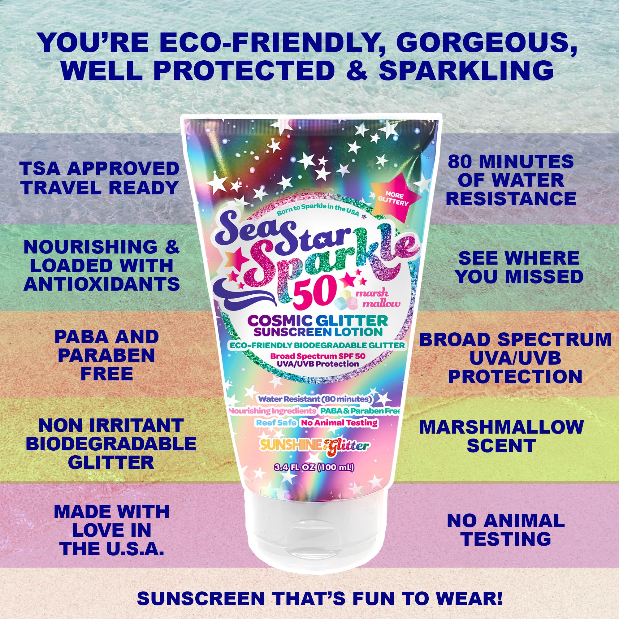 Seastar Sparkle SPF 50 Glitter Sunscreen Lotion for Kids – Biodegradable Glitter, Water-Resistant, Made in USA 3.4oz