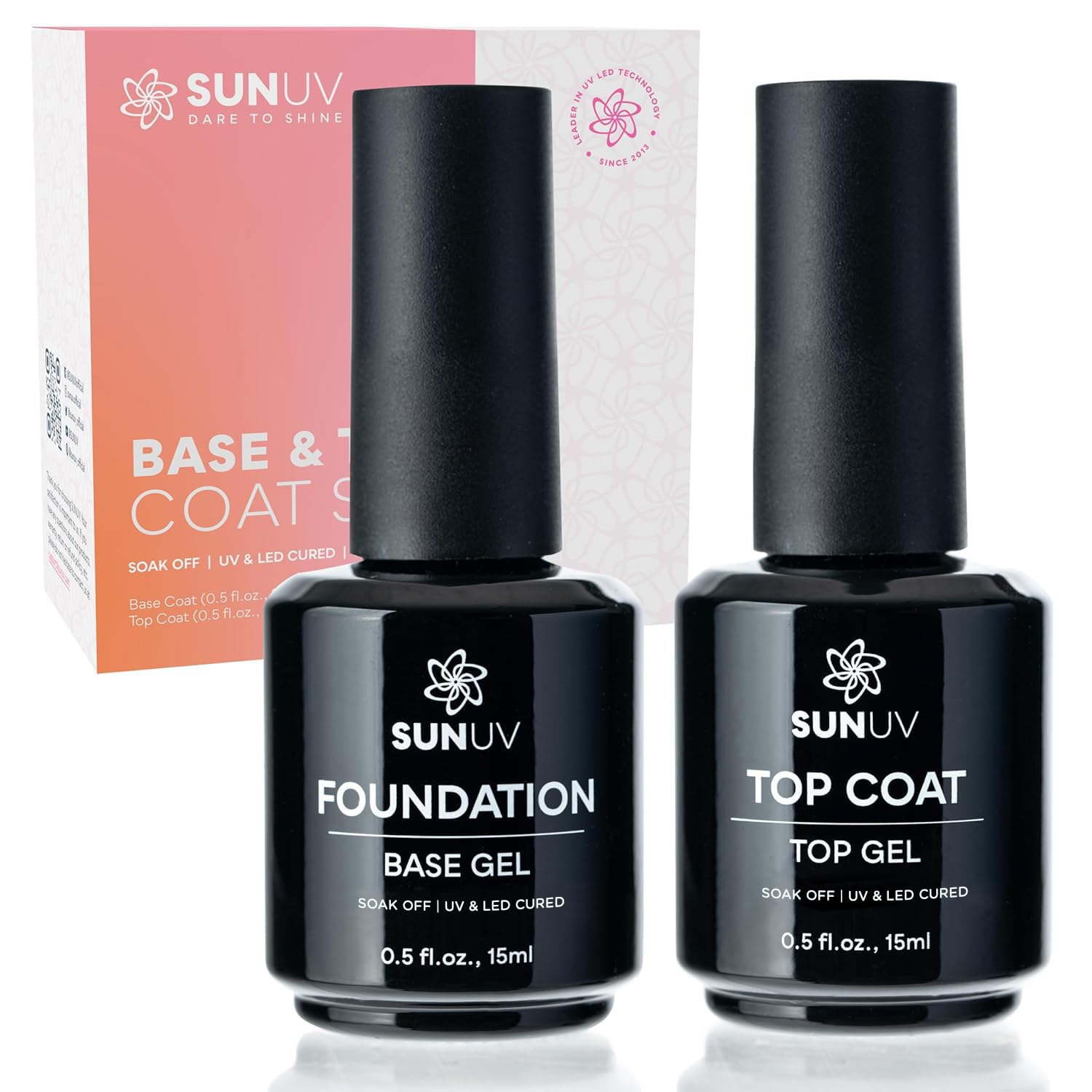 SUNUV 15ml Gel Top Coat & Base Coat Set — No Wipe, HEMA-Free, 2-Pack Gel Nail Kit