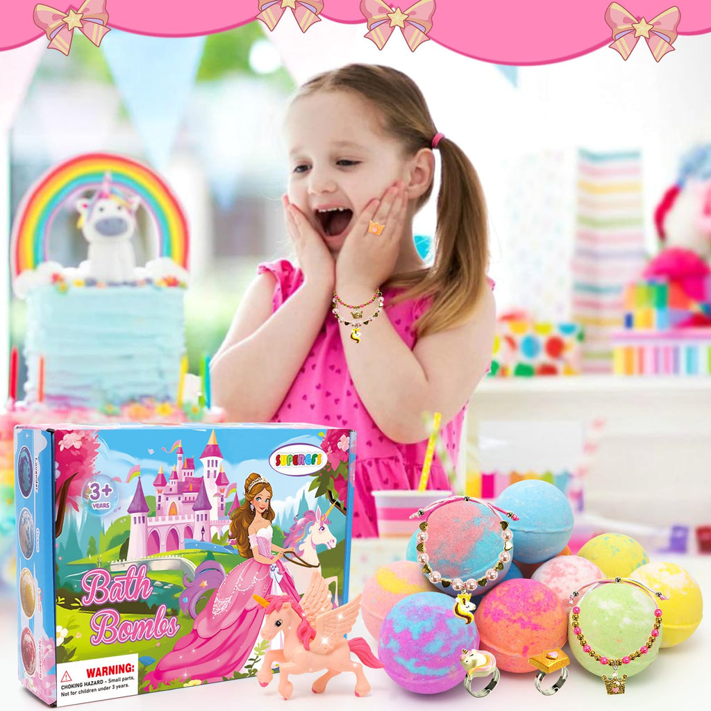 SUPERGFS Princess Inside Bath Bombs for Kids – Organic Colorful Bubbles with Jewelry Surprise
