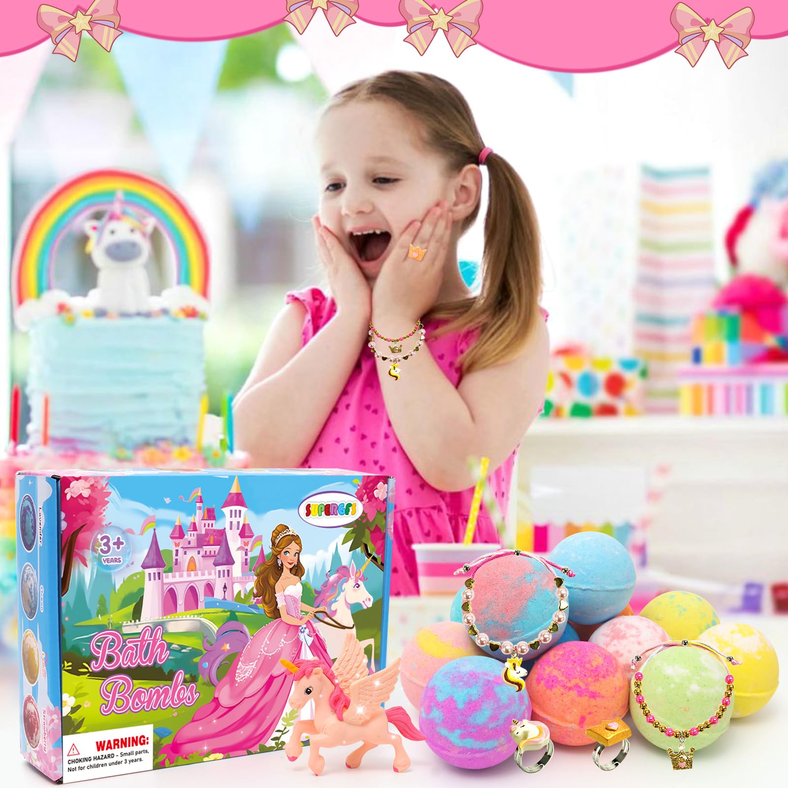 SUPERGFS Princess Inside Bath Bombs for Kids – Organic Colorful Bubbles with Jewelry Surprise