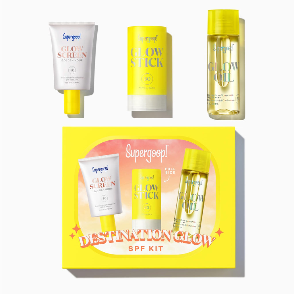 Supergoop! Destination Glow Kit — 3 Travel-Sized Glowy SPF Favorites (Glowscreen 40, Glow Stick 50, Glow Oil 50)