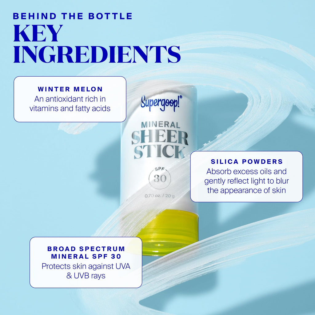 Supergoop! Mineral Sheer Stick SPF 30 — Mineral Sunscreen for Face & Body, Broad Spectrum, Natural Finish