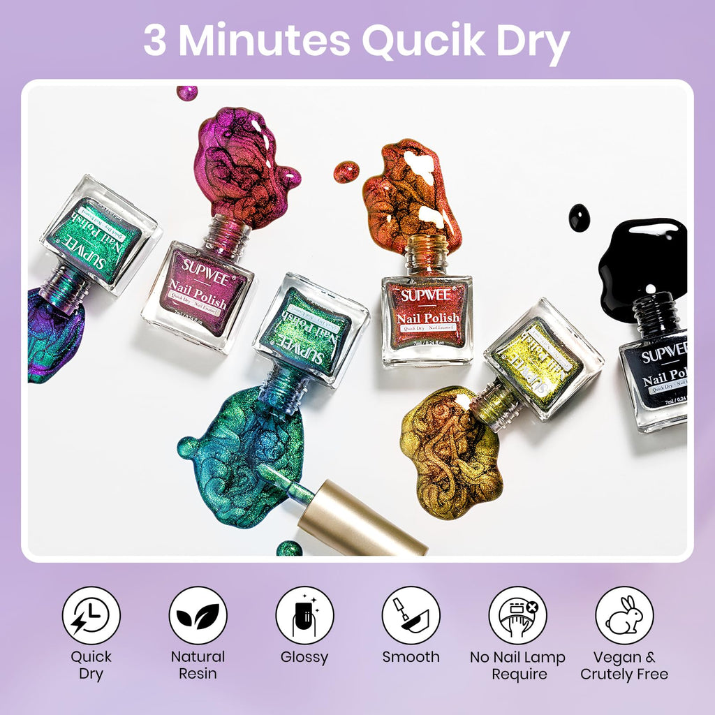 SUPWEE 9D Magnetic Cat Eye Nail Polish Set - Quick Dry Non Gel 6-Piece Kit