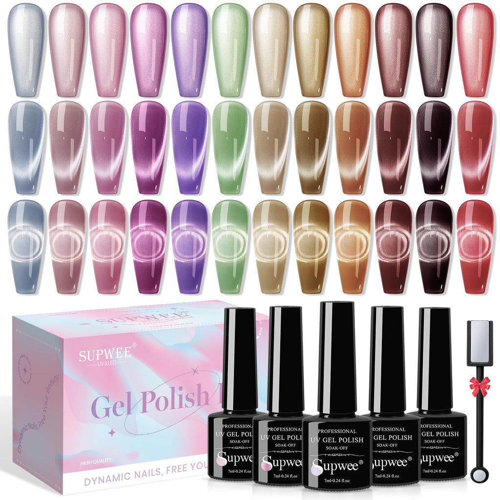 SUPWEE Magnetic Gel Nail Polish - 12 Moonlight Cat Eye Colors with Magnetic Stick