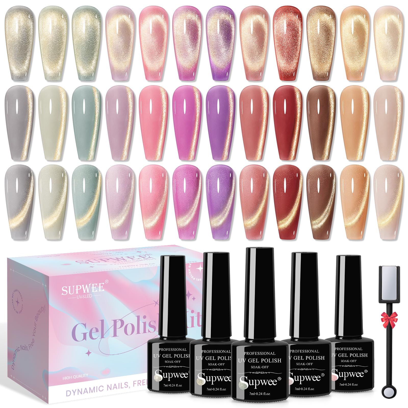 SUPWEE Cat Eye Gel Nail Polish Set — 12 Magnetic Colors + Magnetic Stick