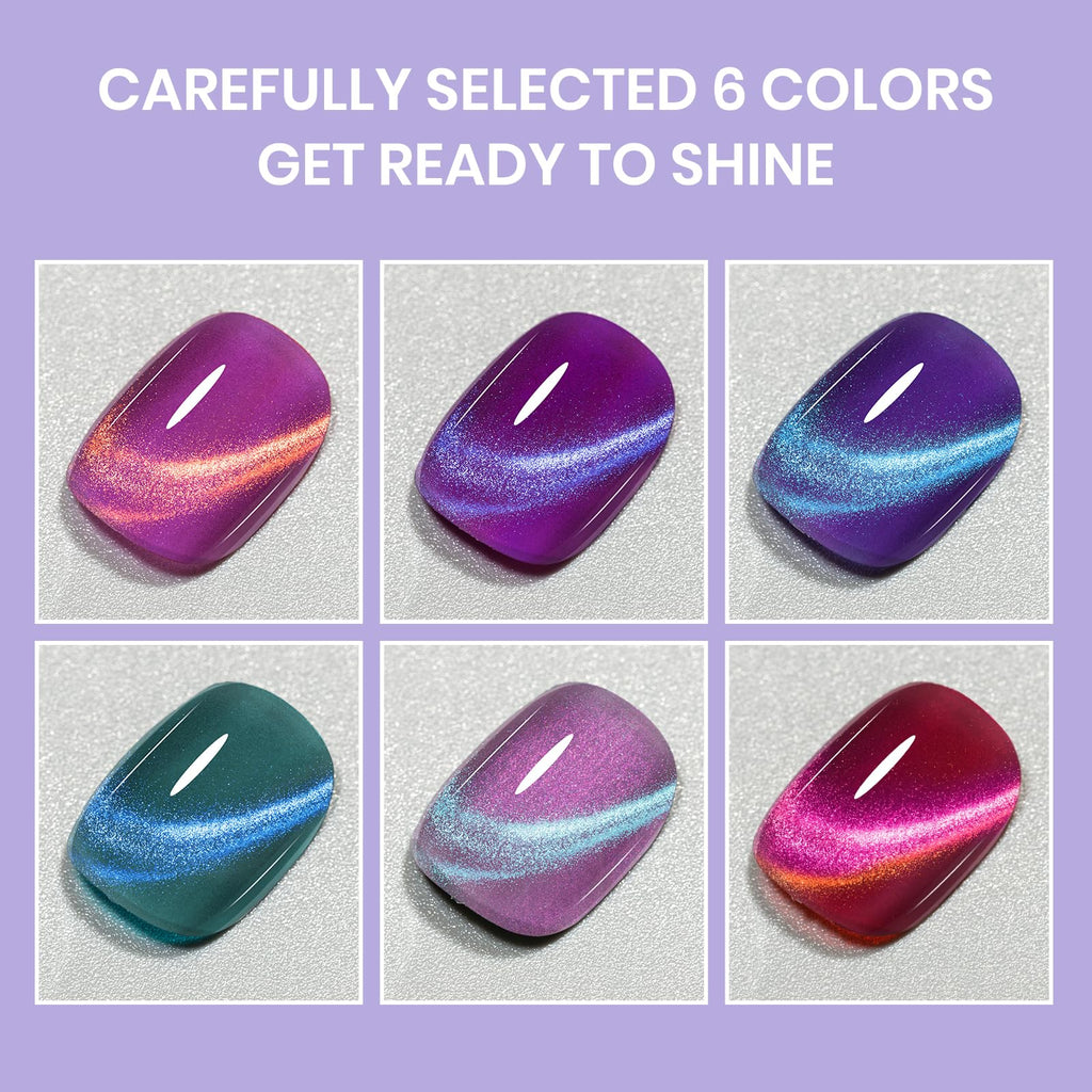 SUPWEE Cat Eye Nail Polish Set | Quick-Dry Magnetic Lacquer in 6 Holographic Shades