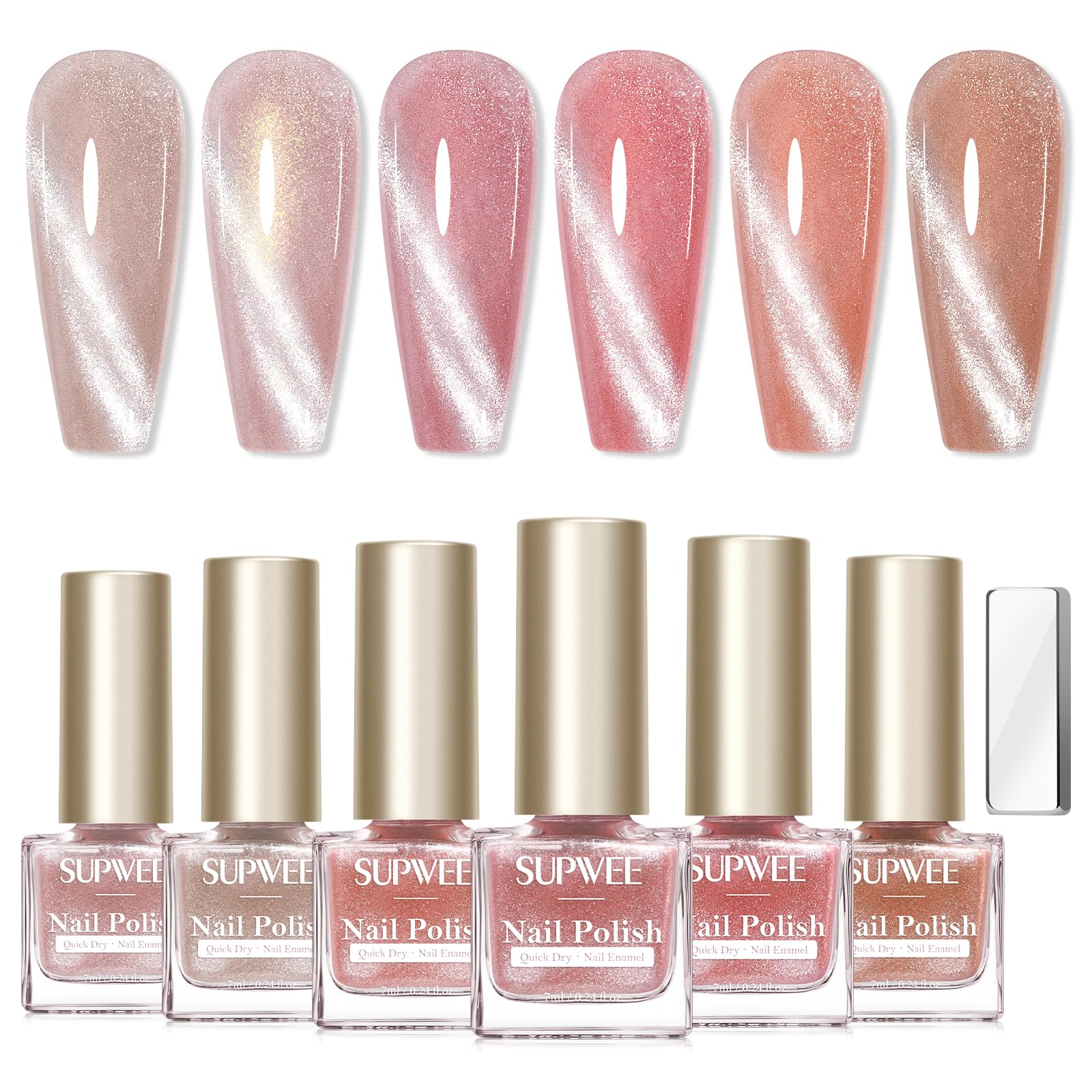 SUPWEE Cat Eye Magnetic Nail Polish Set – Quick-Dry Nude Pink Glitter, No UV Lamp