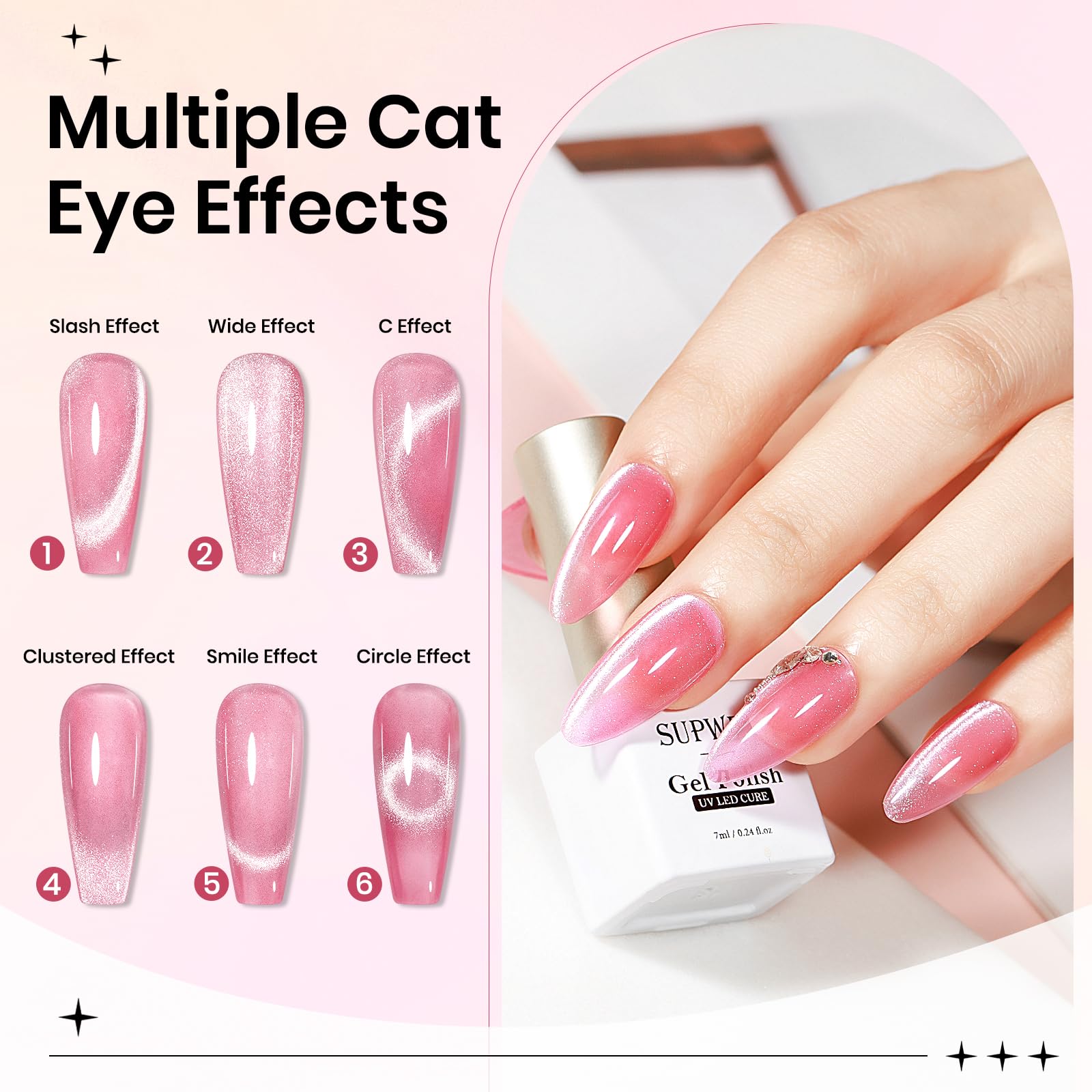 SUPWEE Cateye Gel Nail Polish Set – 6 Magnetic Cat Eye Colors for DIY Nail Art | UV Lamp Cured