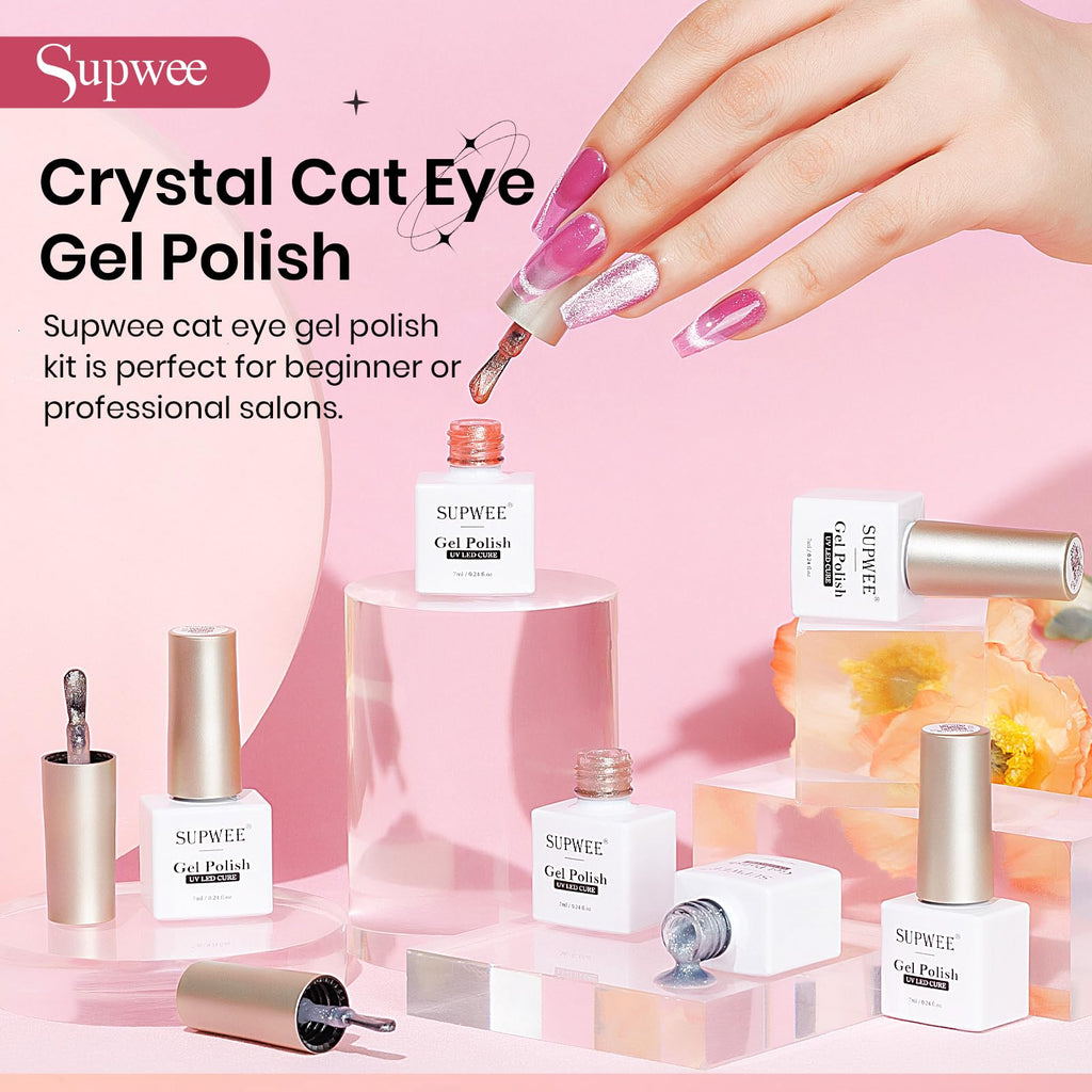 SUPWEE Cateye Gel Nail Polish Set – 6 Magnetic Cat Eye Colors for DIY Nail Art | UV Lamp Cured