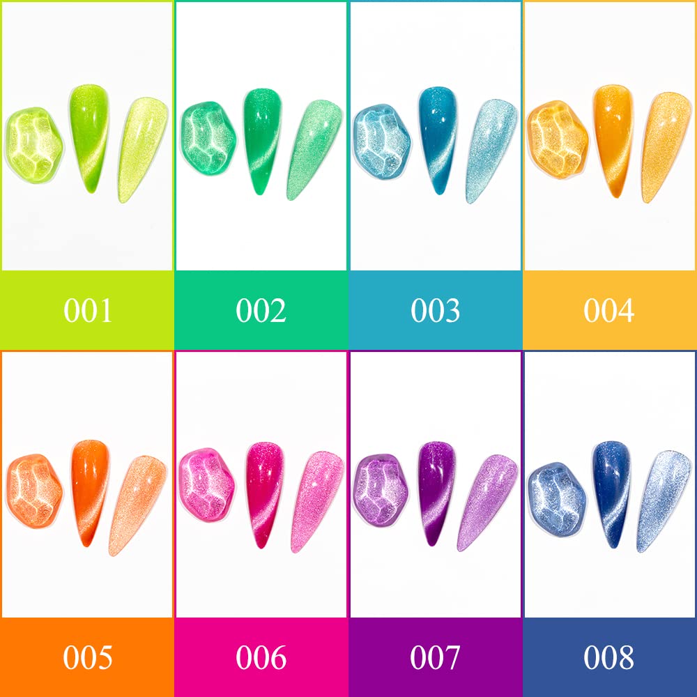 SUPWEE Neon Cat Eye Gel Polish Set – 8 Neon Colors, Magnetic Cat-Eye Gel, Soak-Off